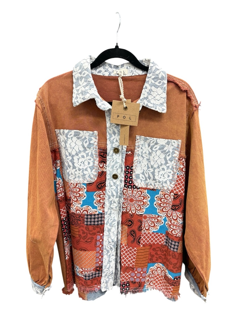 POL Mixed-Print Patchwork Jacket in Rust, Blue, White